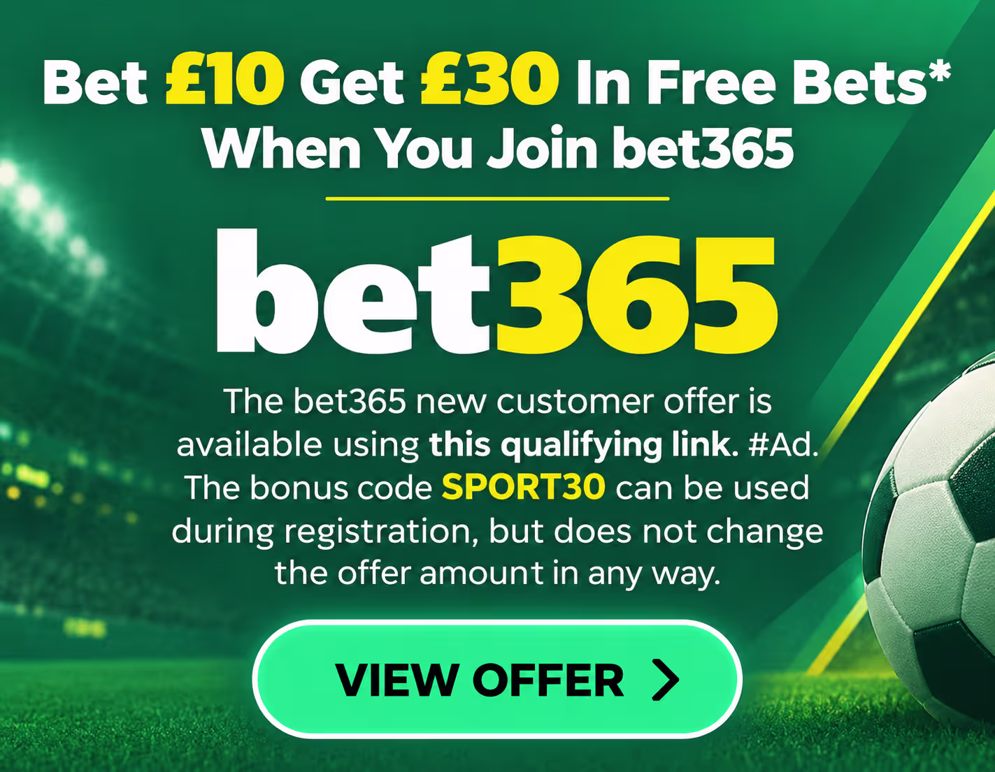bet365 new customer offer: Bet £10 Get £30 in Free Bets. View offer and qualifying terms.