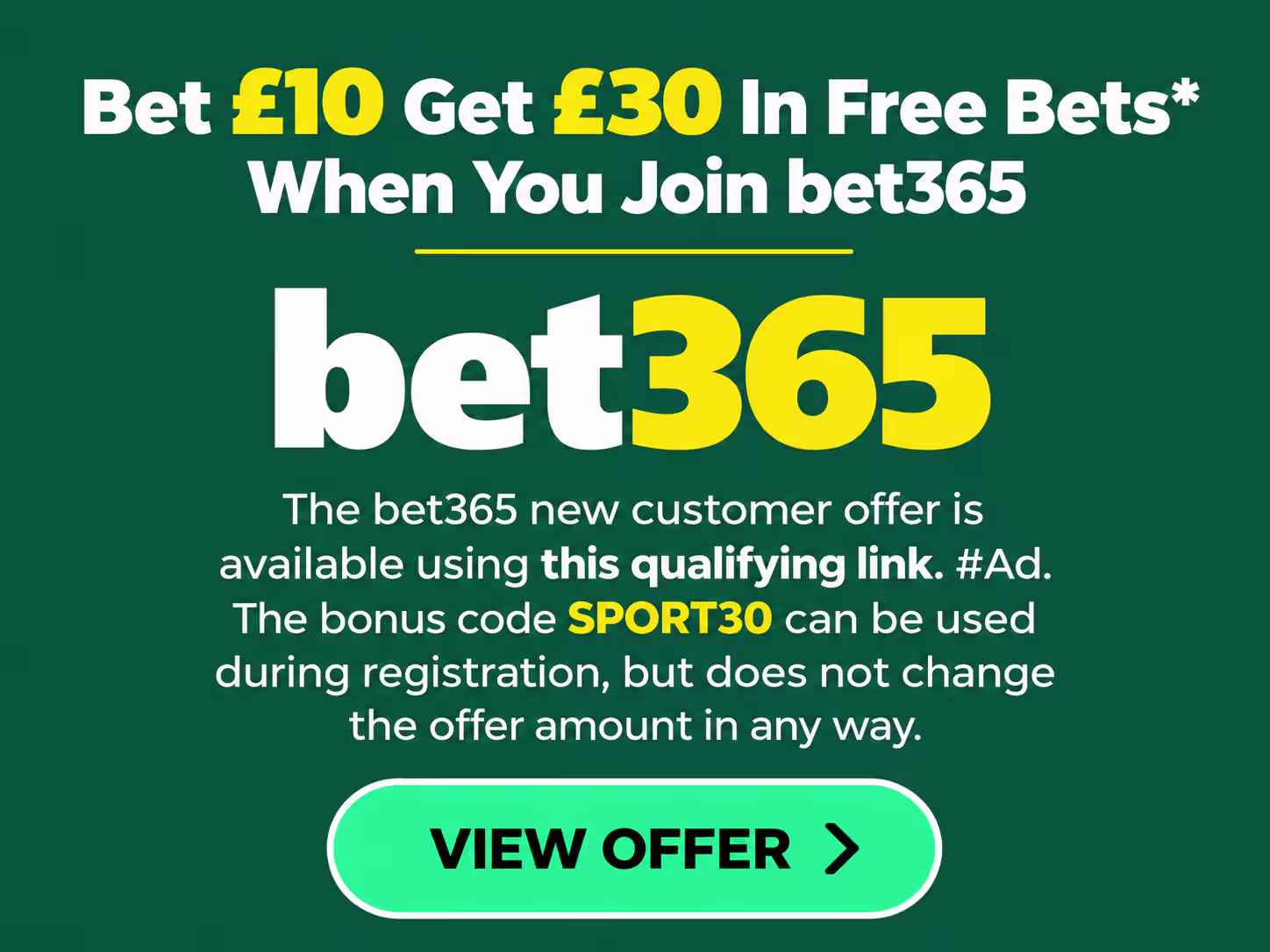 bet365 new customer offer: Bet £10 Get £30 in Free Bets. View offer and qualifying terms.